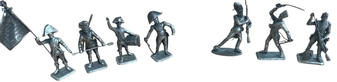 Set of French Lead Toy Soldiers: Set of 7 Lead soldiers, one mounted, nine on foot, maker`s mark"MHSP", unpainted. Very good condition.