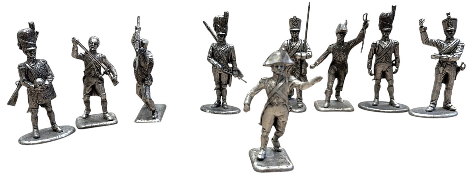 Set of 9 French Lead Toy Soldiers: Set of 9 Lead soldiers on foot, maker`s mark"MHSP", unpainted. Very good condition.