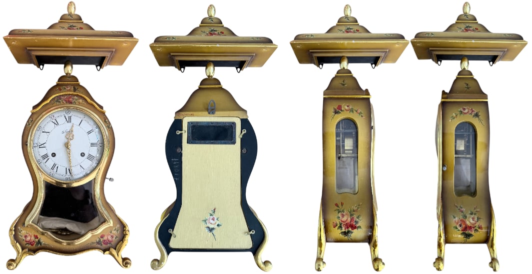 Louis XVI Style Cartel Clock: A Louis XVI style cartel clock, with a polished beige stuccoed wood frame in the shape of a violin, resting on four scrolled feet, a rounded capital, painted floral decoration on the pediment and