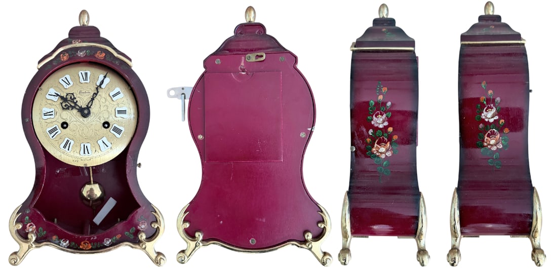 Louis XVI Style Cartel Clock: A classic Louis XVI style cartel clock with a marquetry wood frame, violin-shaped, resting on four gilt scroll feet, with painted floral decoration on the pediment and base, a seed-shaped finial, and