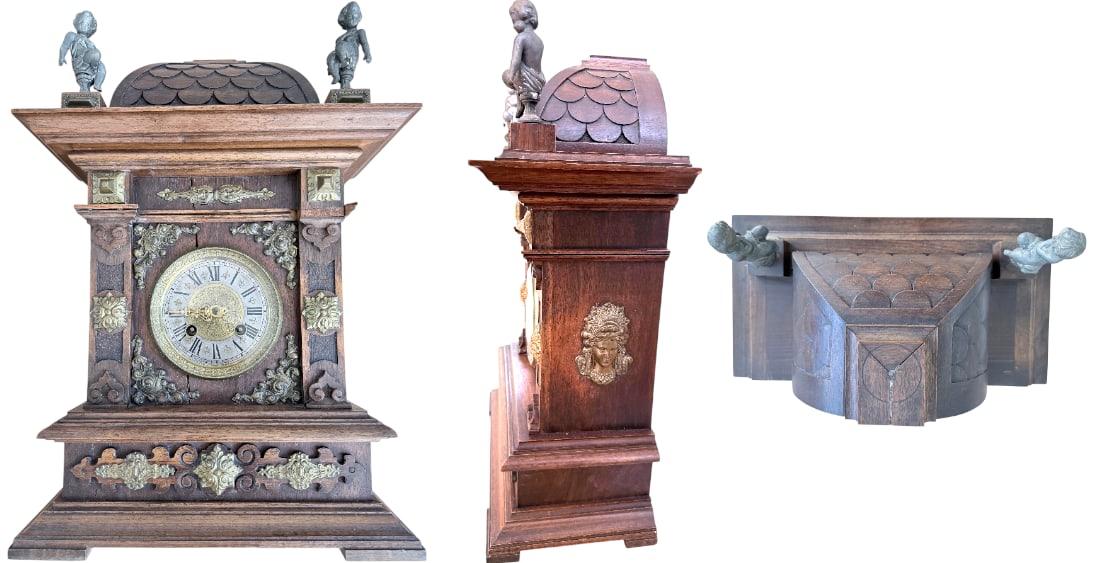 Period-Style Cartel Clock: A period-style cartel clock with a wooden frame, richly decorated with ornate steel and bronze appliques, featuring a whimsical stylized oriental pagoda, a silvered metal dial, Roman numerals, and a p