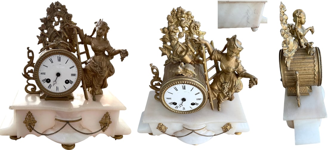 Romantic-Style Pompon Mantel Clock: A romantic-style copper pompon mantel clock depicting a young, elegant woman harvesting grapes, richly decorated with fruit, with a white enamel dial featuring a beaded border, Roman numerals, and a