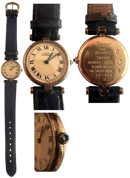 Must de Cartier Ladies Wrist Watch: Must de Cartier ladies wrist watch, 23 mm, gilt Silver case, leather strap, saphire crystal, quartz mouvement. Non working order. Sold as is!