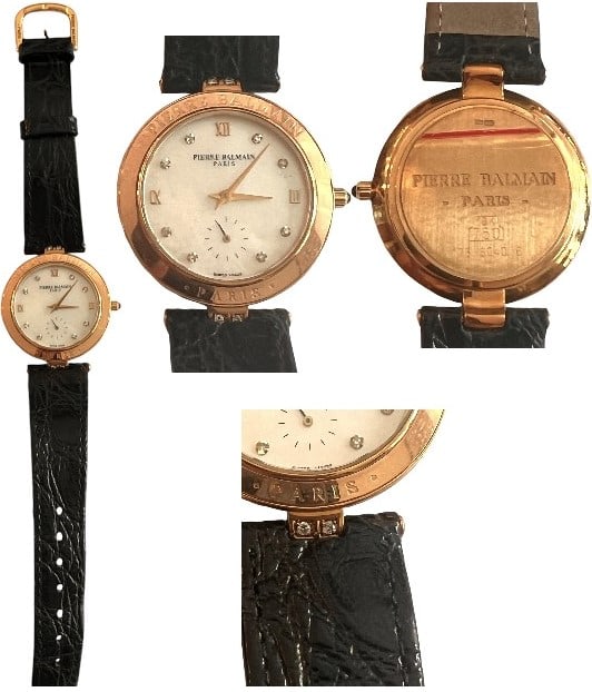 Pierre Balmain Ladies Wrist Watch: Pierre Balmain ladies wrist watch, 34 mm, 18k GOLD case, 21.7 g., white dial with diamonds, leather strap with four diamonds, quartz mouvement. In very good condition.