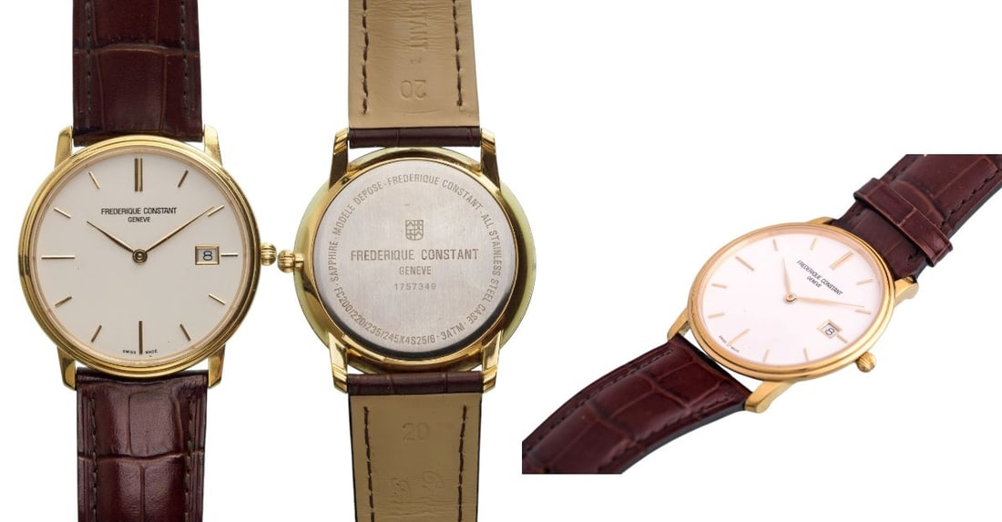 Frederique Constant Men`s Bracelet Watch: Frederique Constant men`s bracelet watch, 36.94 mm., stainless steel case, leather bezel, saphire crystal, quartz mouvement. In perfect condition.