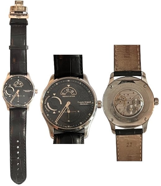 Louis Errard Regulator Black Men`s Wrist Watch: Louis Errard Regulator Black men`s wrist watch, 42 mm, stainless steel case, leather strap, mechanical mouvement. In very good condition.