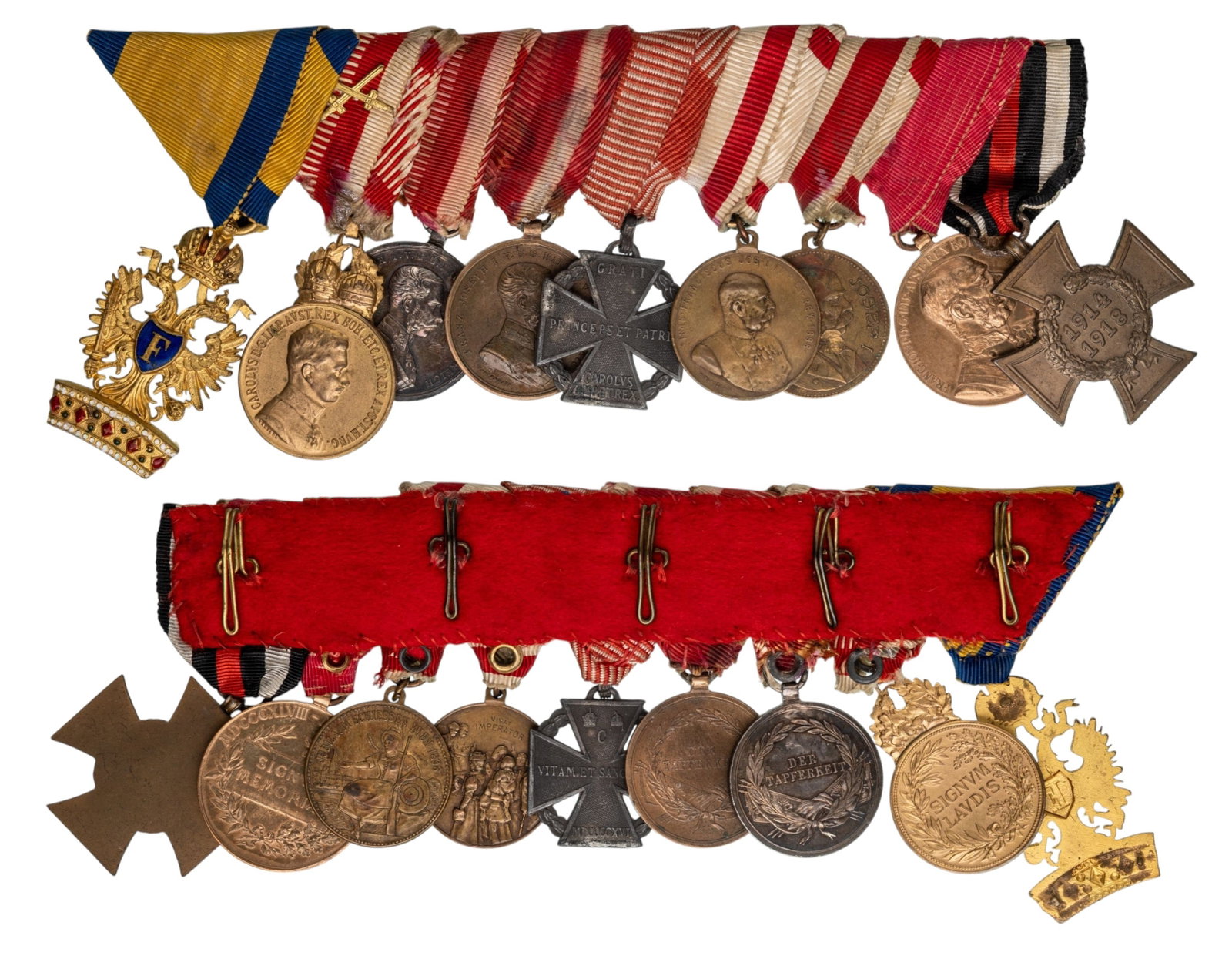THE COLLECTION OF ORDERS AND MEDALS BARS - Bar of 9: Order of the Iron Crown, 3rd Class, gilt Bronze, one-sided replacement badge; Signum Laudis Medal (Military Merit Medal), 1917-1918, ribbon with swords, gilt Bronze; Medal for Bravery, Silver; Medal f