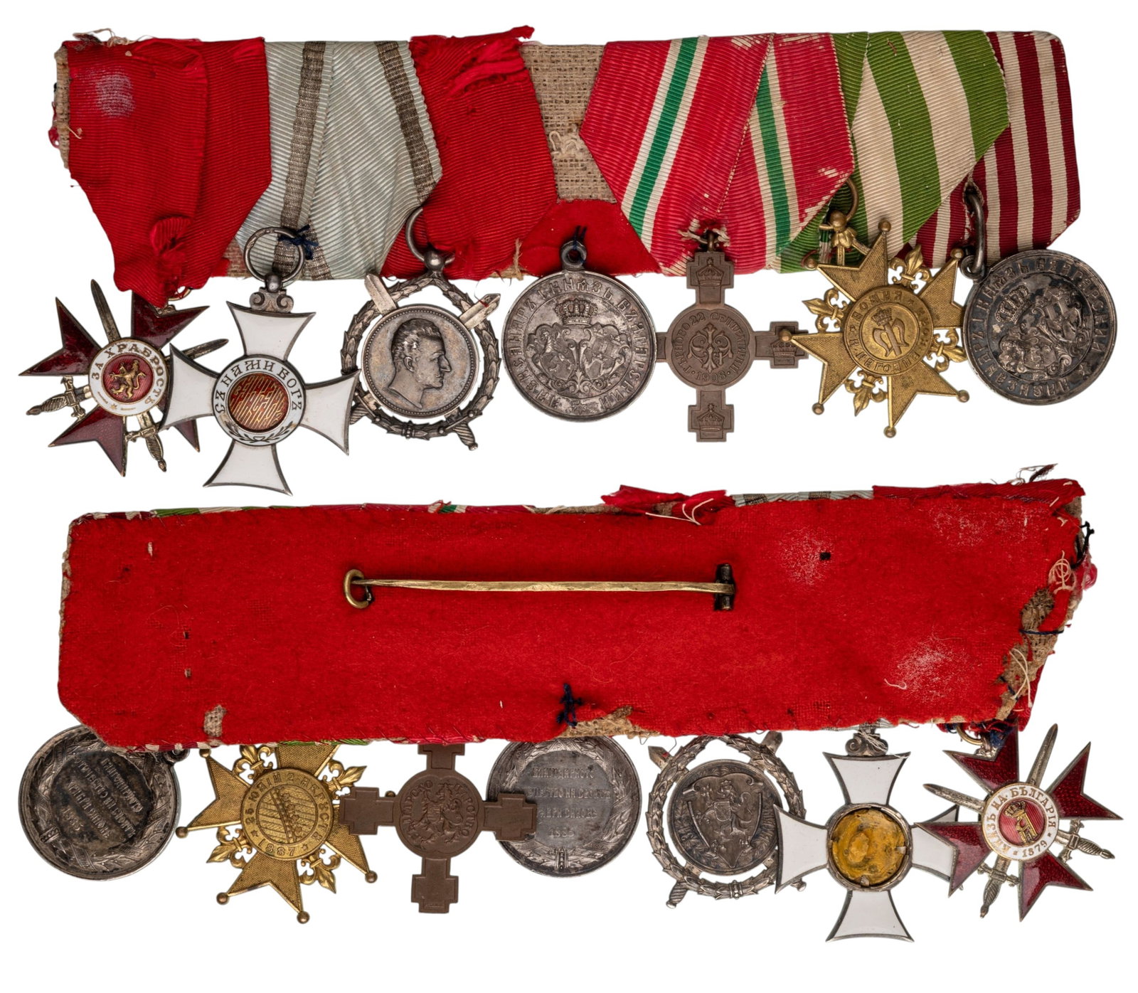 THE COLLECTION OF ORDERS AND MEDALS BARS - Bar of 7: Order of Bravery, 4th Class, 2nd Degree, Silver, enameled; Order of Saint Alexander, 5th Class, Knight Cross, Silver, enameled (reverse center missing); Order of Merit, 3rd Type, 2nd Class, Prince Fer