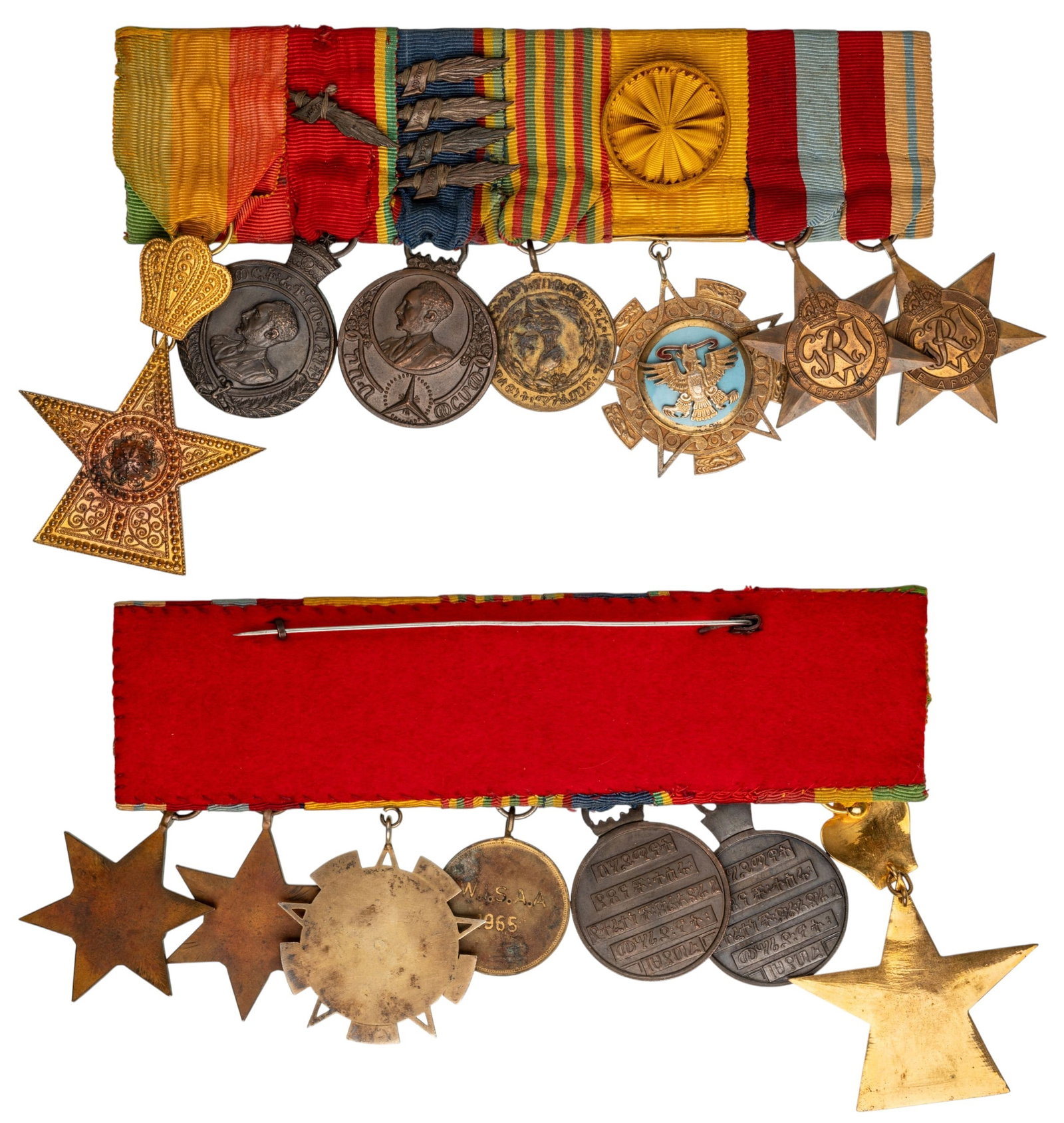 THE COLLECTION OF ORDERS AND MEDALS BARS - Bar of 7: Order of the Star of Etiopia, Knight's Cross, 5th Class, gilt Bronze; Patriots Campain Medal, 1936 - 1941, with Palm, Bronze; Medal of Patriot Refugee, with 4 Palms,W.I.S.A.A. Medal 1965, gilt Bronze;