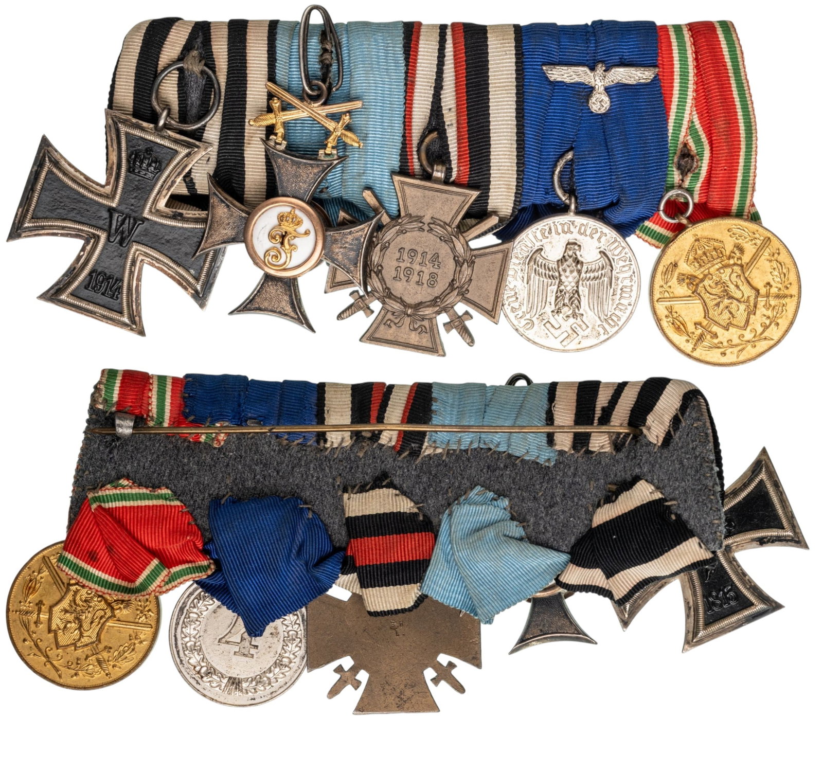 THE COLLECTION OF ORDERS AND MEDALS BARS - Bar of 5: Iron Cross, 1st WW, 2nd Class, Silver; Wurttemberg - Friedrich's Orden, 2nd Class Knight's Cross with Swords, GOLD and Silver; The Honour Cross of the World War 1914-1918, Bronze; 4 Years of Service i