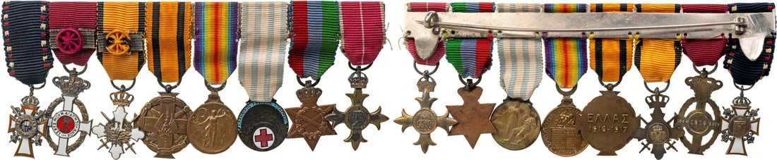 THE COLLECTION OF ORDERS AND MEDALS BARS - Miniature of 8: Royal Family Order of St. George and Constantine, Knight`s Cross in gilt Silver and enamels, Order of George, Officer`s Cross in gilt Silver and enamels, Order of the Phoenix, Officer`s Cross in gilt 
