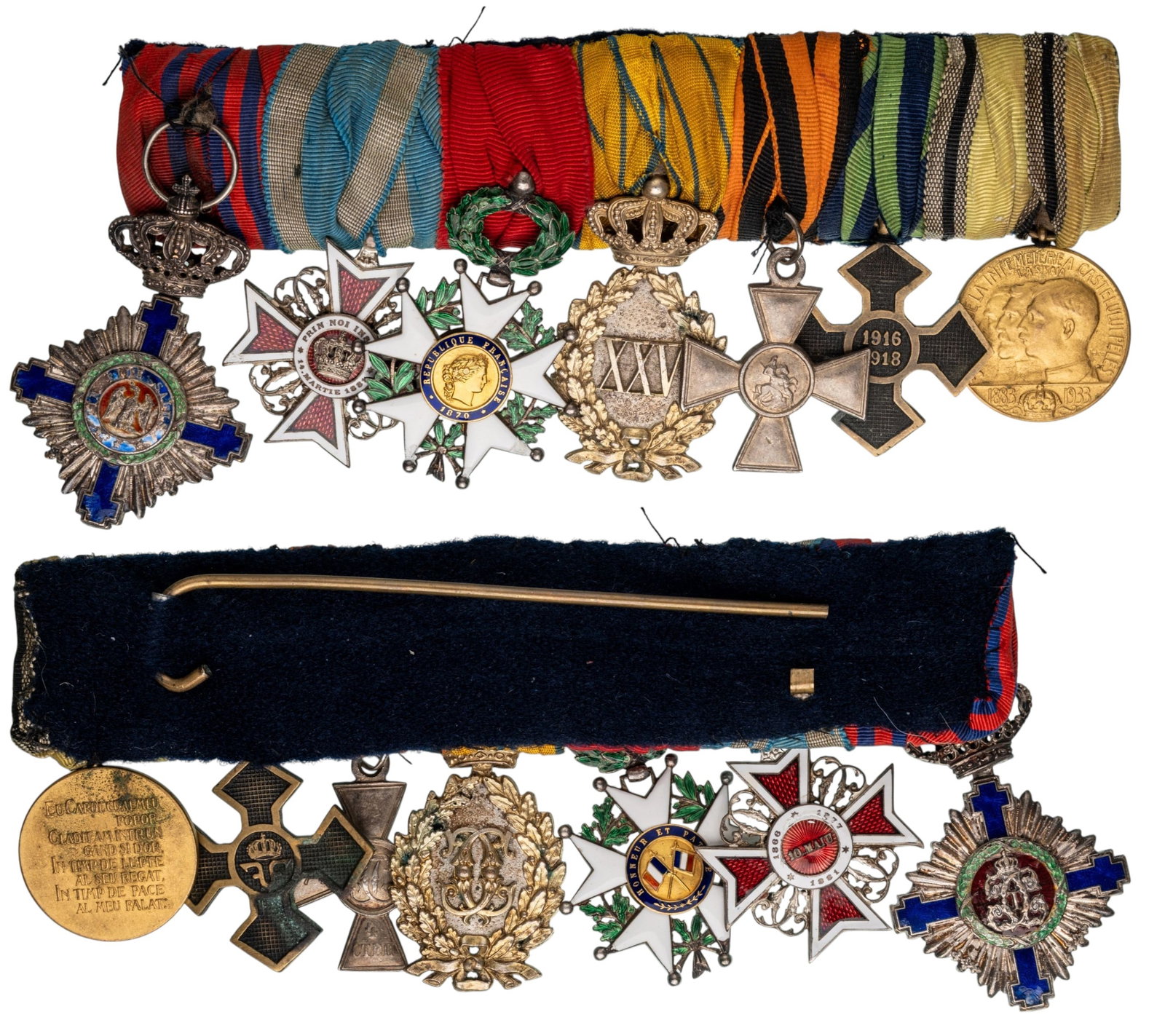 THE COLLECTION OF ORDERS AND MEDALS BARS - Bar of 7: Order of the Star of Romania, Knight's Cross, 1st Model, Civil, Silver; Order of the Crown of Romania, Knight's Cross, 1st Model, Civil, Silver; France - Order of the Legion of Honour, 3rd Republic, K