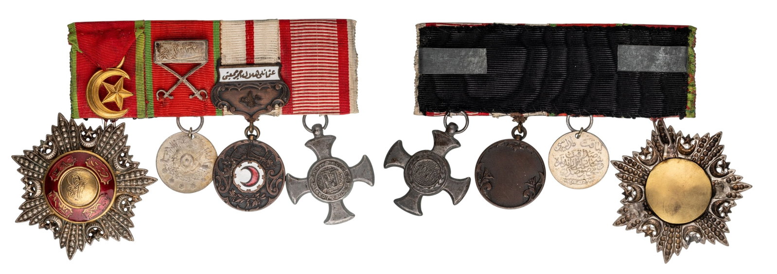 THE COLLECTION OF ORDERS AND MEDALS BARS - Bar of 4.: Order of Medgidie, Knight's Cross, Gold and Silver; Lyakat Medal for Bravery, 1908-1918, Silver; ; Red Crescent Medal (Hilal-i-Ahmer), Bronze, Austria - Iron Merit Cross, 1916, Zinc; enameled, origina