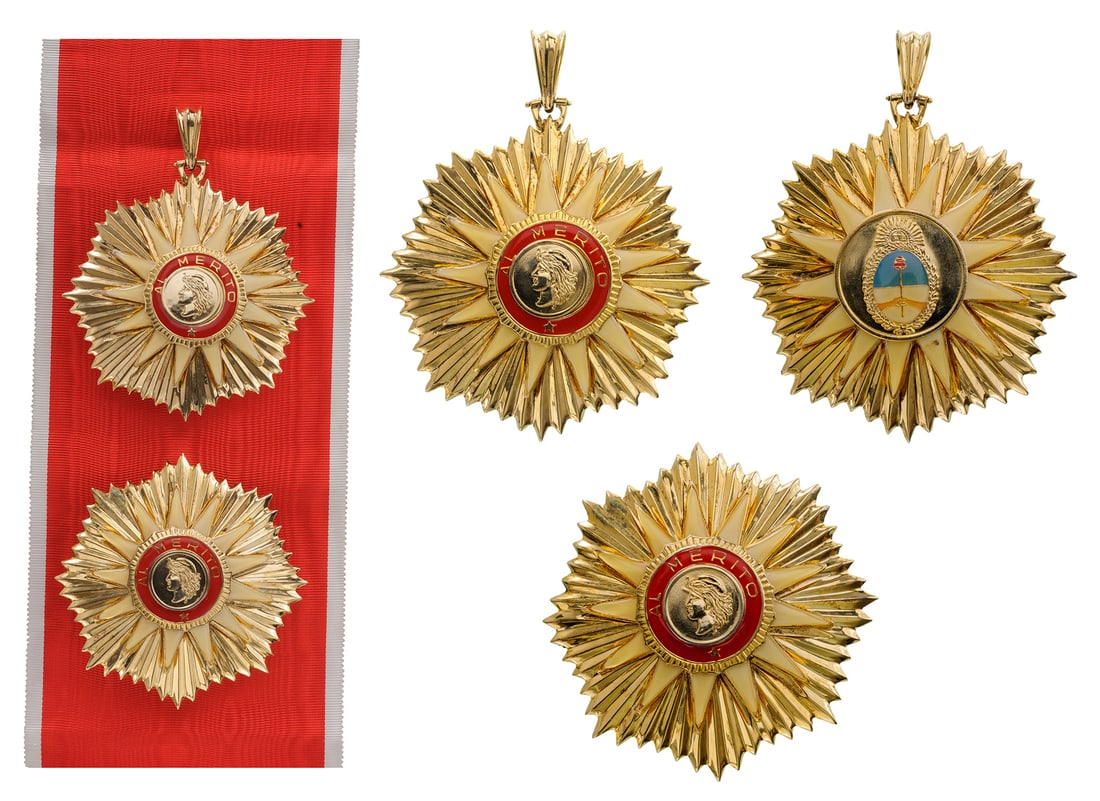 ORDER OF MAY: Grand Cross Set, 1st Class, insttitued in 1957. Sash Badge, gilt Copper, 78 mm, central medallions gilt, enameled, original suspension loop and short sash. Breast Star, gilt Copper, 80 mm, central med
