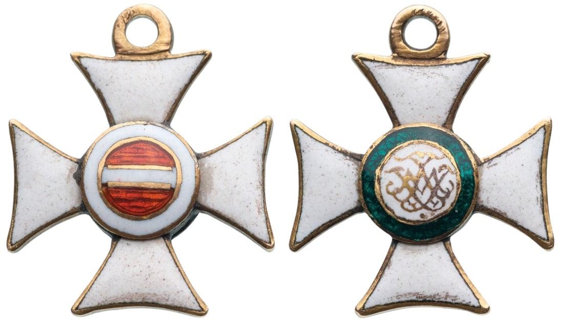 Military Order of Maria Theresa: A Miniature of the Order, 19 x 15 mm., GOLD, white enameled cross of typical form, obverse centre medallion with the enameled colurs red-white-red, within white enameled outer circlet, white enameled 