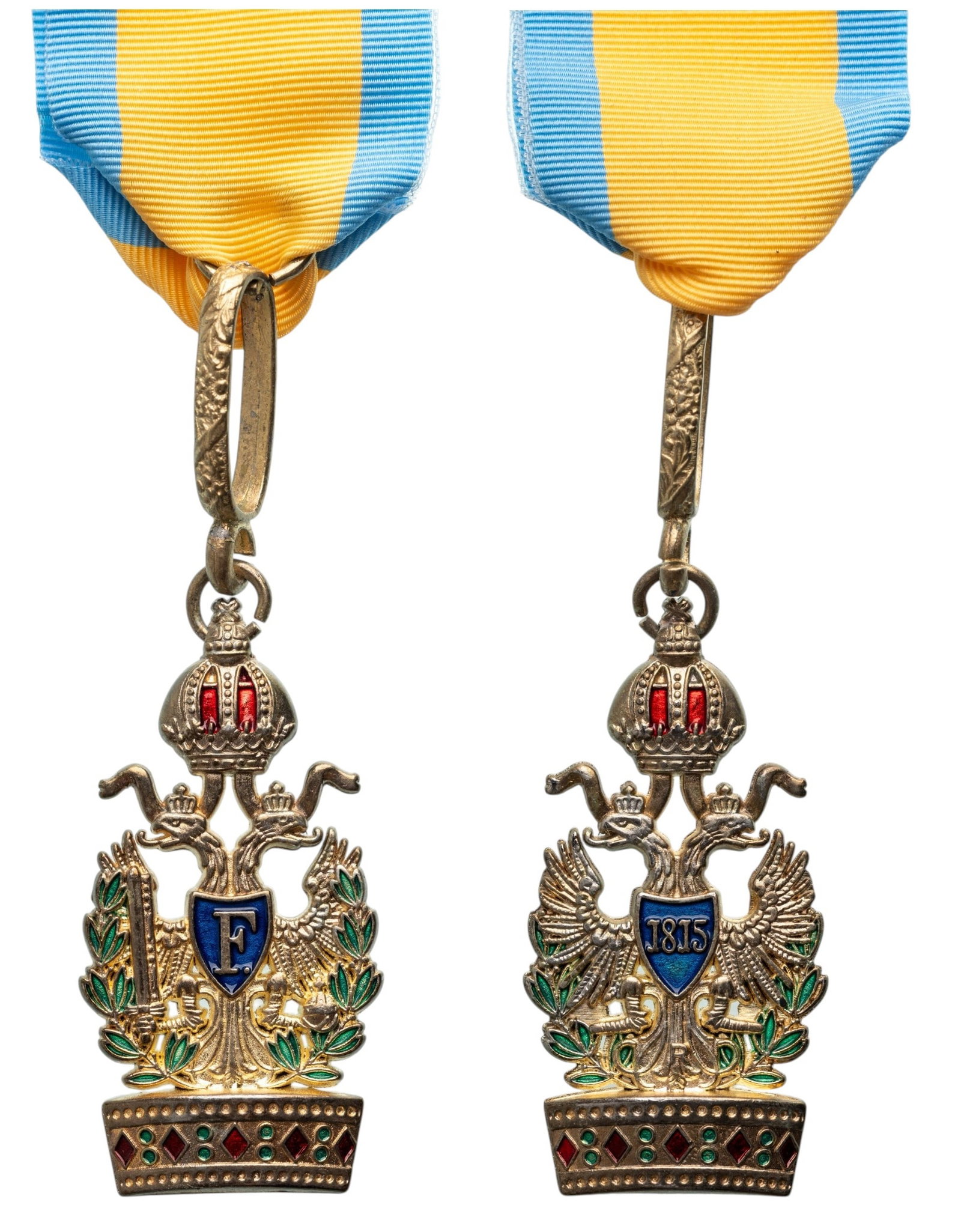 Order of the Iron Crown: 3rd Class Badge Military, instituted in 1816. Breast Badge, 62x30 mm, gilt Bronze, enameled, original ribbon. A well made display piece or collector's copy! I