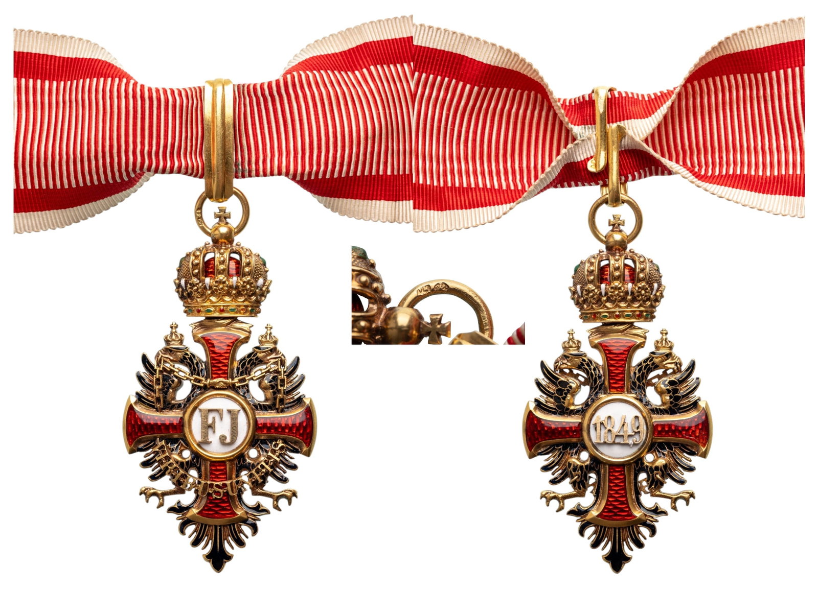 The Imperial Order of Franz Joseph: Commander's Cross, instituted in 1849. Neck Badge, 70x37 mm., GOLD., hallmarked "3A", maker's mark "VM", enameled, original suspension ring, loop and ribbon. Mint condition! I