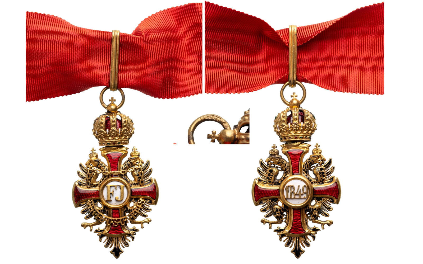 The Imperial Order of Franz Joseph: Commander's Cross, instituted in 1849. Neck Badge, 70x37 mm., gilt Bronze., hallmarked "star", maker's mark "V. Mayer's in Wien", enameled, original suspension ring, loop and ribbon. Mint condition! I