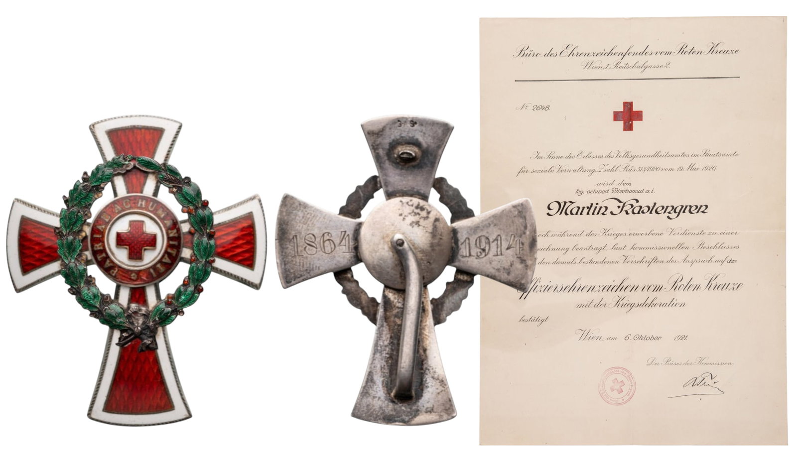 Honour Decoration of the Red Cross: Officer's Cross with War Decoration, 1915. Breast Badge, 57x48 mm., Silver, maker's mark "G.A.S. - G. A. Scheid, Vienna), one-side enameled, one pin on reverse (one pin missing), together with awardin