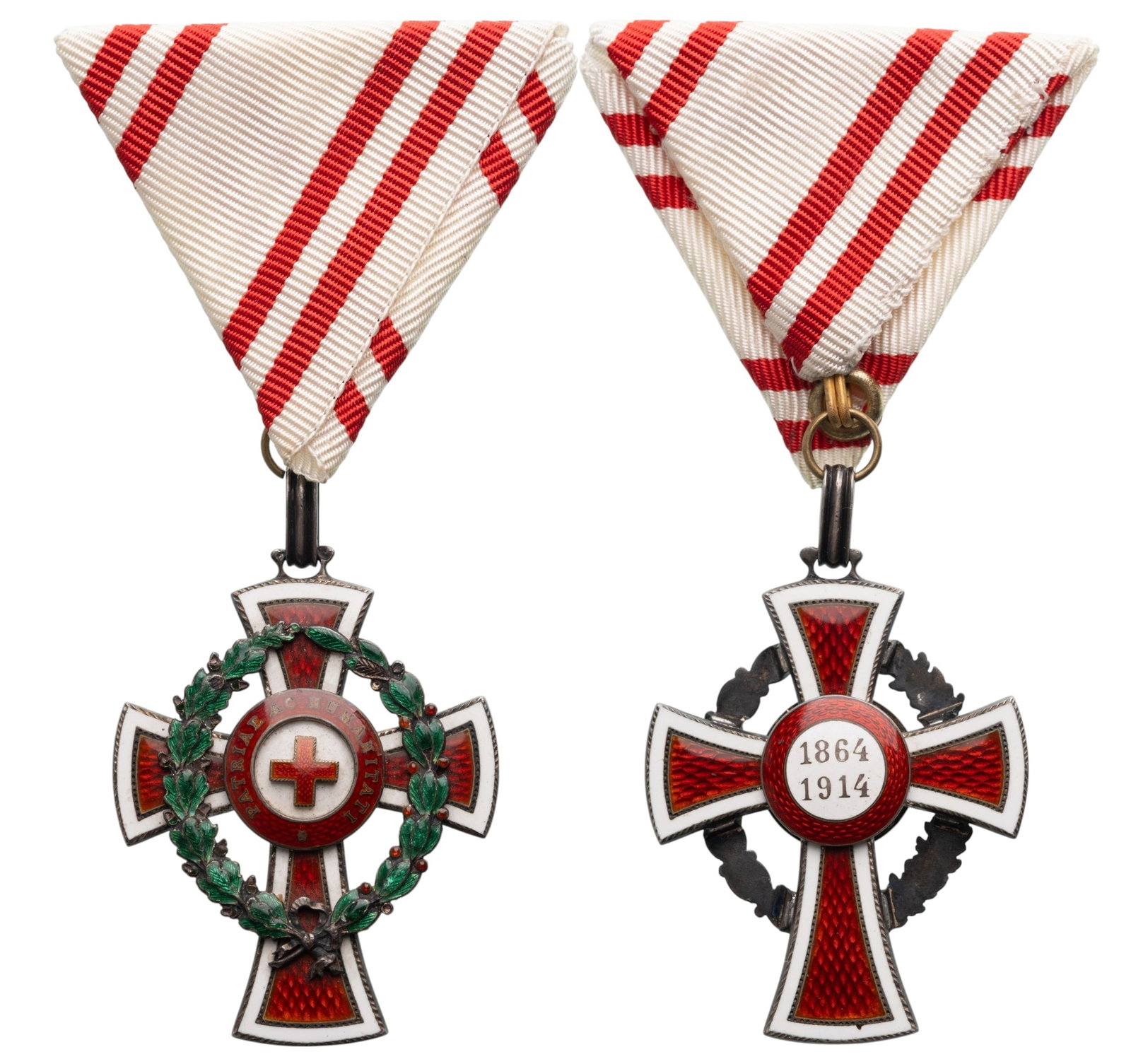 Honour Decoration of the Red Cross: 2nd Class with War Decoration, 1915. Breast Badge, 47x37 mm., Silver, enameled, original suspension rings and triangular modern ribbon. Extremely fine! I