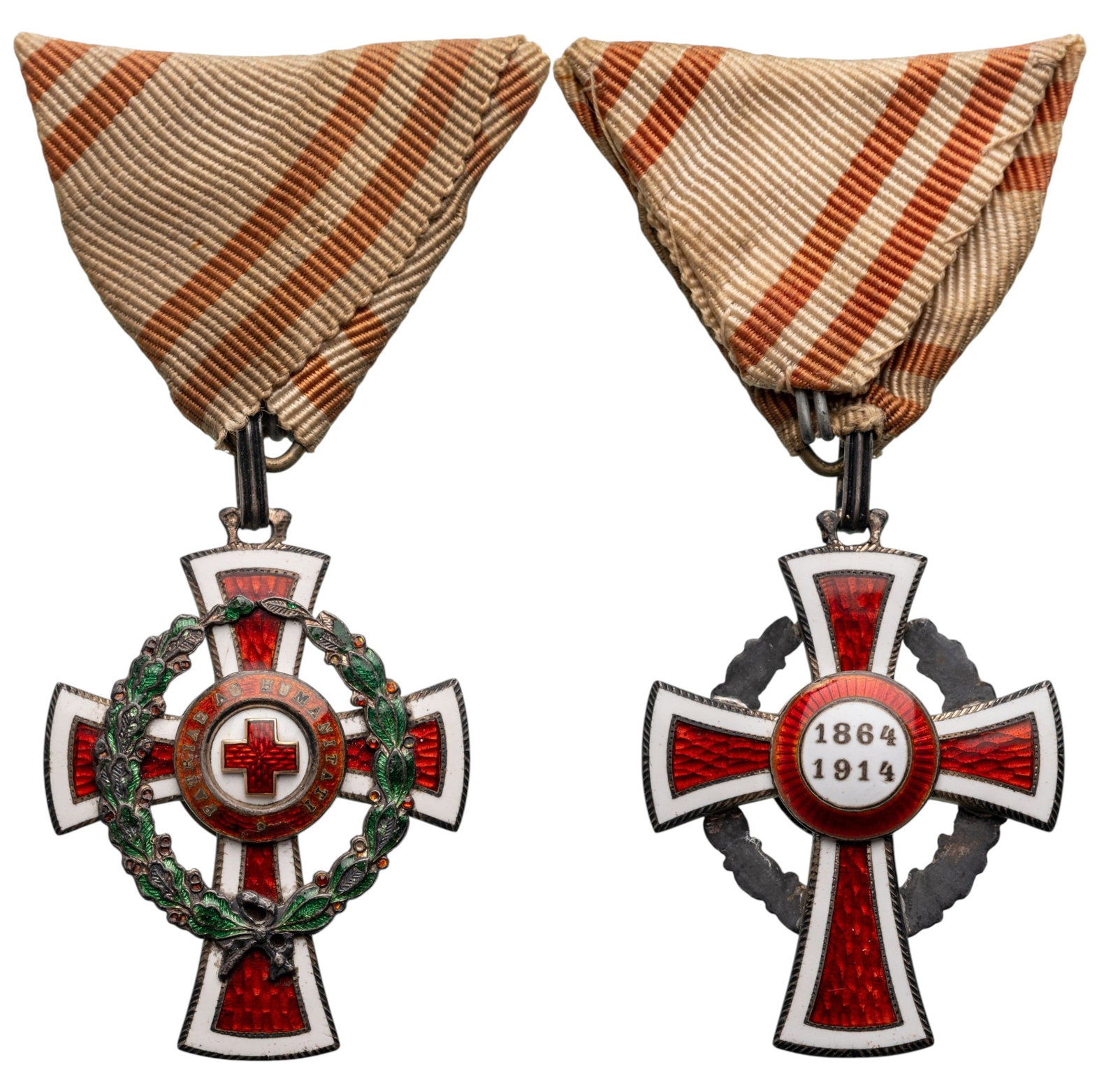 Red Cross Merit Medal with War Decoration: Silver Class, instituted in 1864. Breast Badge, 49x37 mm., Silver, enameled, original suspension ring and triangular ribbon. Extremely fine! I