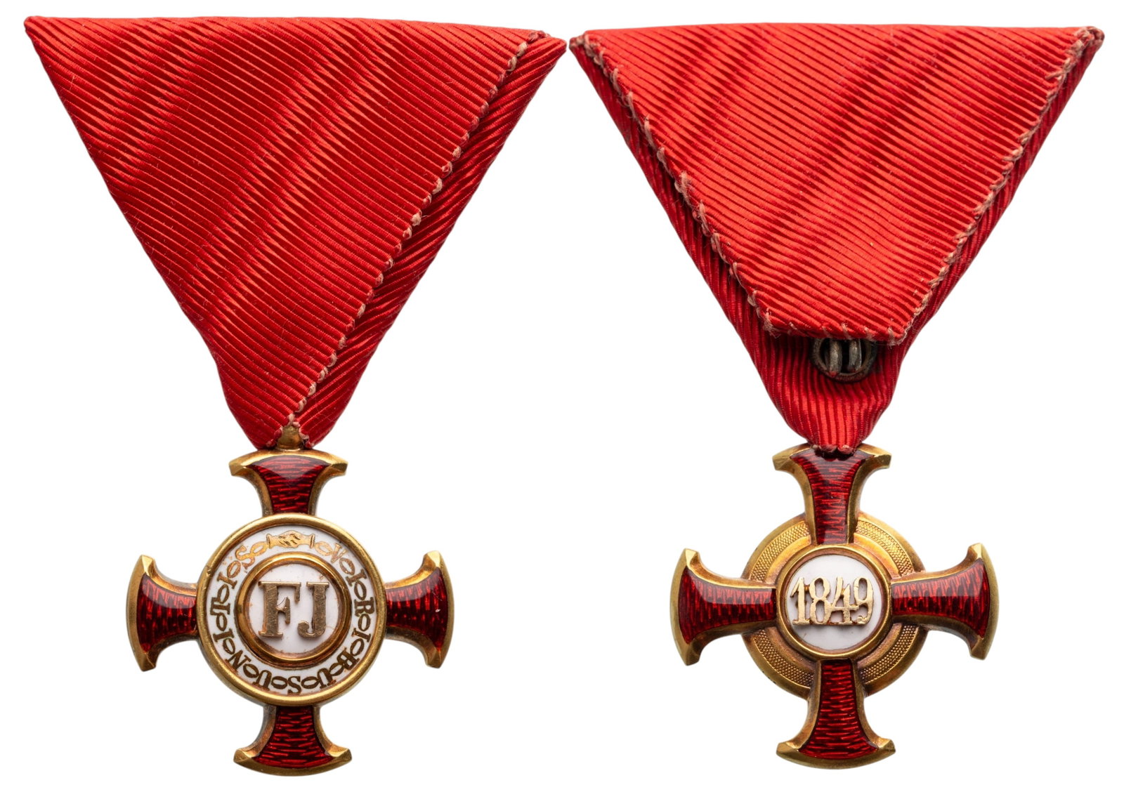 Military Merit Cross, 1849: 2nd Class, 2nd Period 1875-1914. Breast Badge, 34x30 mm., GOLD, 8.92 g., original ring and ribbon. Extremely fine condition and superb quality! I