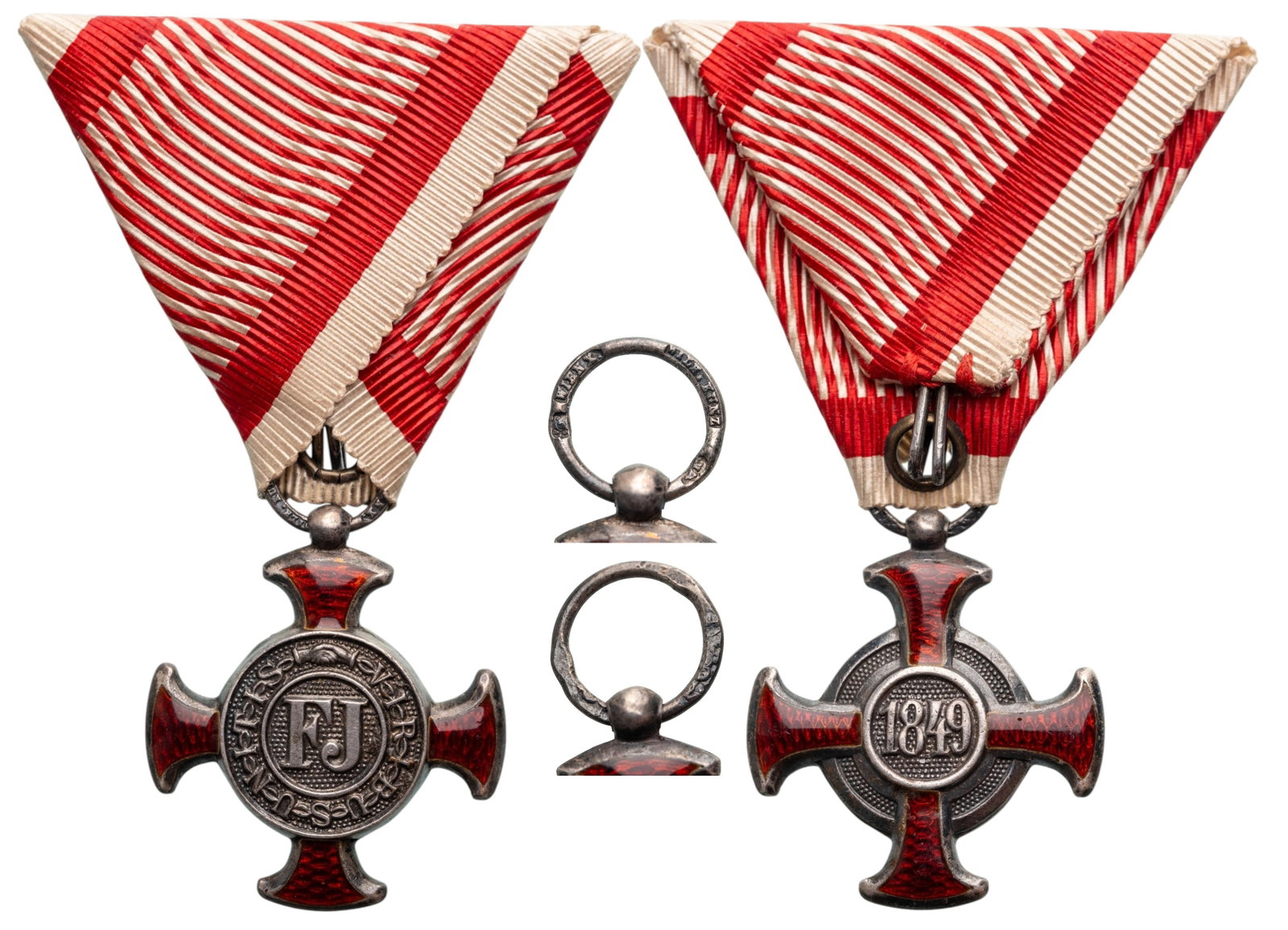 Military Merit Cross, 1849: 4th Class, 2nd Period 1875-1914. Breast Badge, 34x30 mm., Silver, maker's mark "Wilhelm Kunz, Wien", original ring and correct ribbon. Extremely fine condition! I