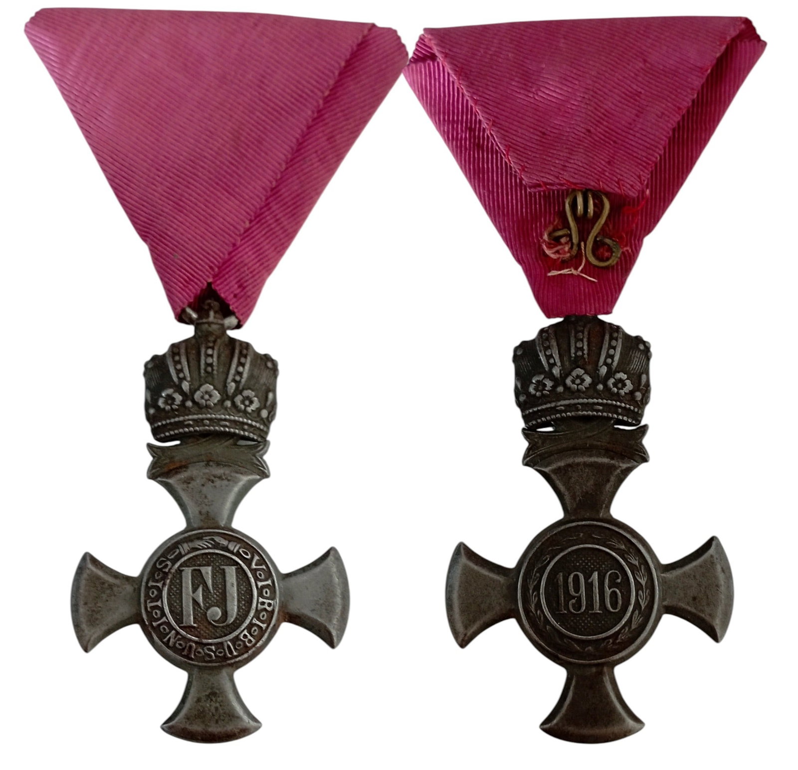 Iron Merit Cross with Crown, 1916: Breast Badge, 57x35 mm., Iron, original ring and faded ribbon. Extremely fine condition! I