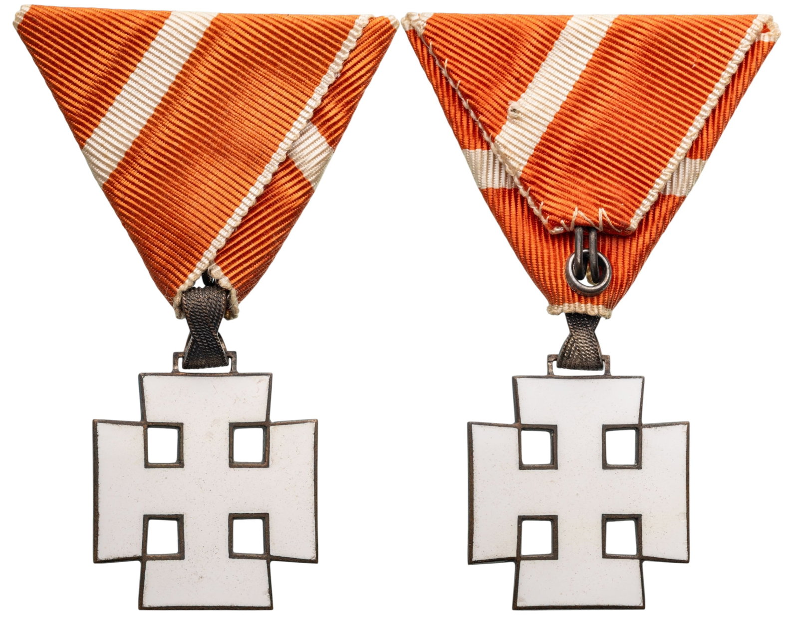 Order of Merit: Knight`s Cross, 1st Class. Breast Badge, 34x30 mm, Silver, enameled, original suspension ring and triangular ribbon. Mint condition. I