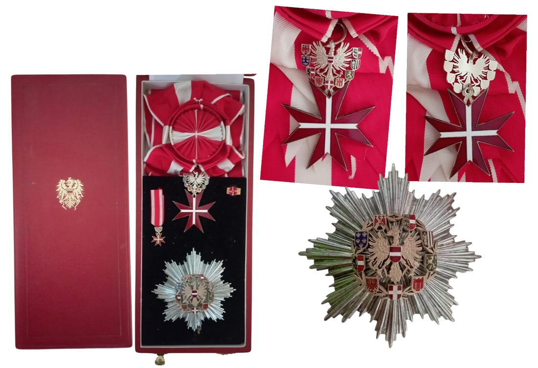 Order for Merit to the Republic "GroÃ?es Silbernes Ehrenzeichen am Bande": Grand Cross Set, insttitued in 1952. Sash Badge, 69x52 mm., Silver, central medallions enameled, original suspension ring and long complete sash. Breast Star, 97 mm., Silver, hallmarked "900", maker's