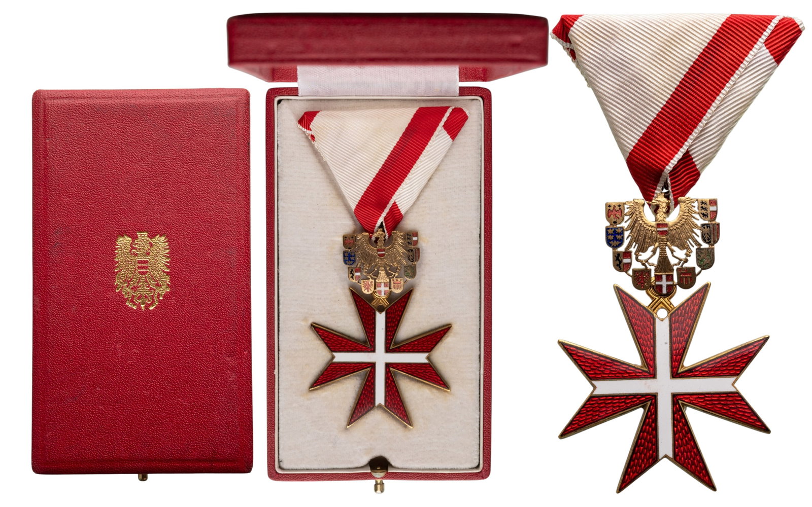 Order for Merit to the Republic "Goldenes Ehrenzeichen fÃ¼r Verdienste": Knight's Cross, insttitued in 1952. Breast Badge, 65x46 mm., gilt Bronze, enameled, original suspension device and triangular ribbon, in original case of issue by "Wolfgang Reitterer, Wien", with gilt