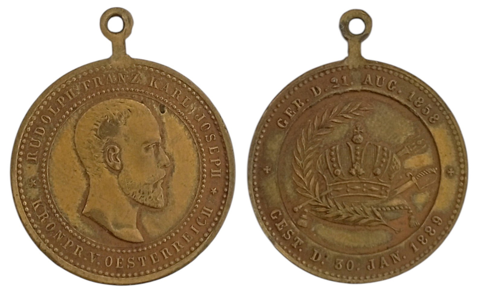 Death of Crownprince Rudolf Karl Franz Medal, 1889: Breast Badge, 32x26 mm., gilt Bronze, original suspension ring. Very fine condition! II