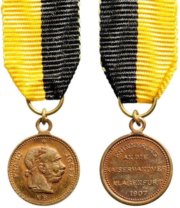 Klagenfurt Imperial Manoeuvers Medal, 1907: Breast Badge, 13 mm., Bronze, original suspension ring and ribbon. Mint condition! I