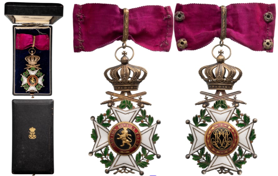 ORDER OF LEOPOLD: Commander's Cross for Military, 3rd Class, instituted in 1832. Neck Badge, 95x53 mm, gilt Silver, both sides enameled, original suspension crown, ring, loop and short ribbon, in case of issue by "Gust