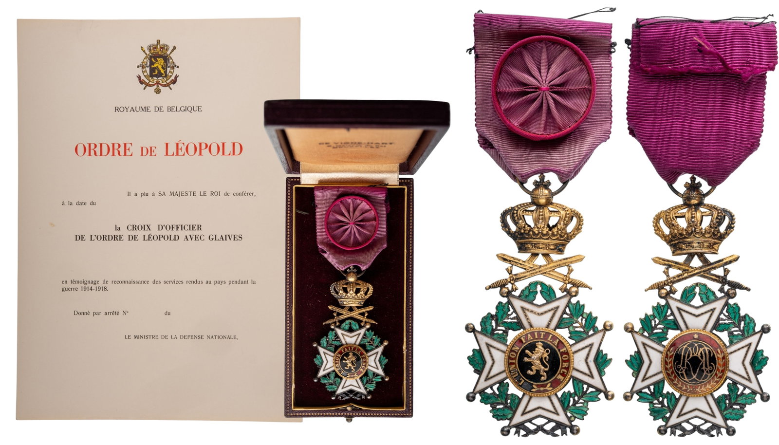 ORDER OF LEOPOLD: Officer's Cross for Military 4th Class, instituted in 1832. Breast Badge, 72x41 mm, gilt Silver, both sides enameled, original suspension crown with crossed swords, ring and ribbon, in case of issue b