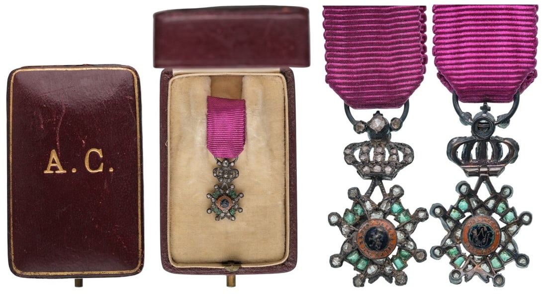 ORDER OF LEOPOLD: Knight's Cross in Diamonds, 5th Class, instituted in 1832. Breast Badge, 22x14 mm, Silver, Diamonds, one side enameled, central medallions enameled, original suspension ring and ribbon, in superb leat