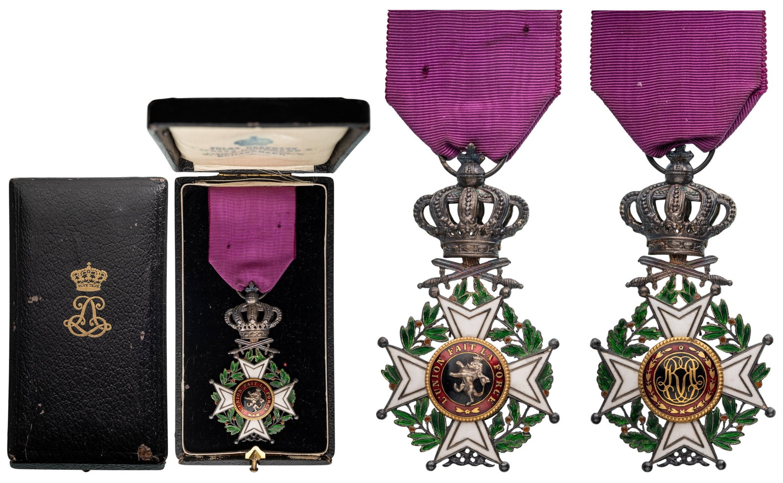 ORDER OF LEOPOLD: Knight's Cross Military, 5th Class, French Legend, instituted in 1832. Breast Badge, 71x40 mm, Silver, both sides enameled, both central medallions enameled, original suspension crown, ring with cross