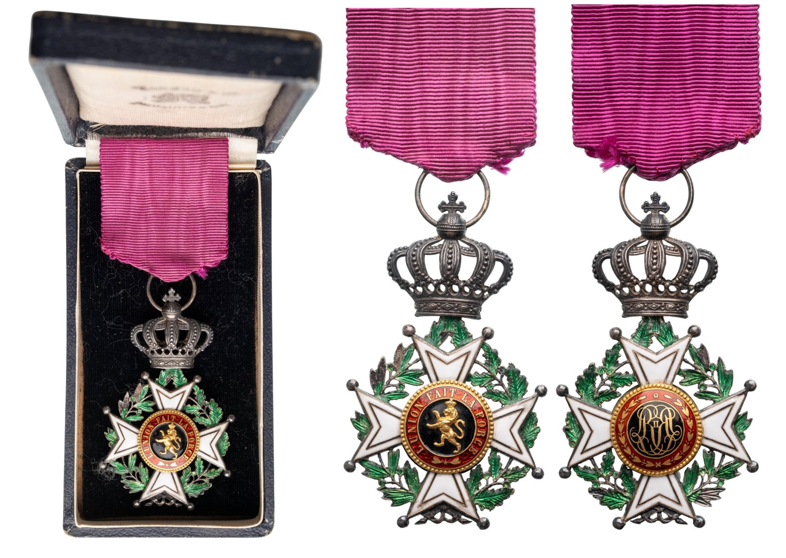 ORDER OF LEOPOLD: Knight's Cross, 5th Class, instituted in 1832. Breast Badge, 66x40 mm, Silver, both sides enameled (minor chips),, GOLD lion, original suspension crown, ring and ribbon, in case of issue by "Fonson & 