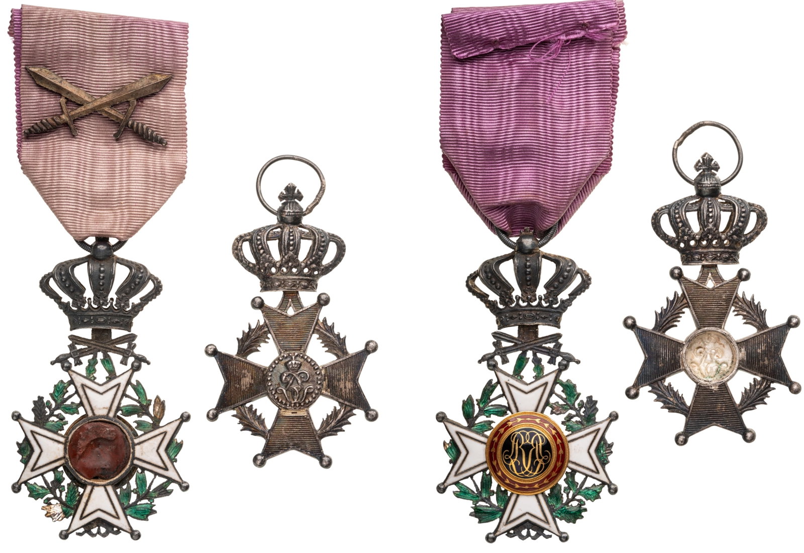 Lot of 2. Order of Leopold I and of Leopold II: Lot of 2. Knight's Crosses Military and Civil. Breast Badges, 68x39 mm. and 64x39 mm., Silver and one GOLD center, obverse centers missing, enameled, suspension rings and one ribbon. Fine condition! I