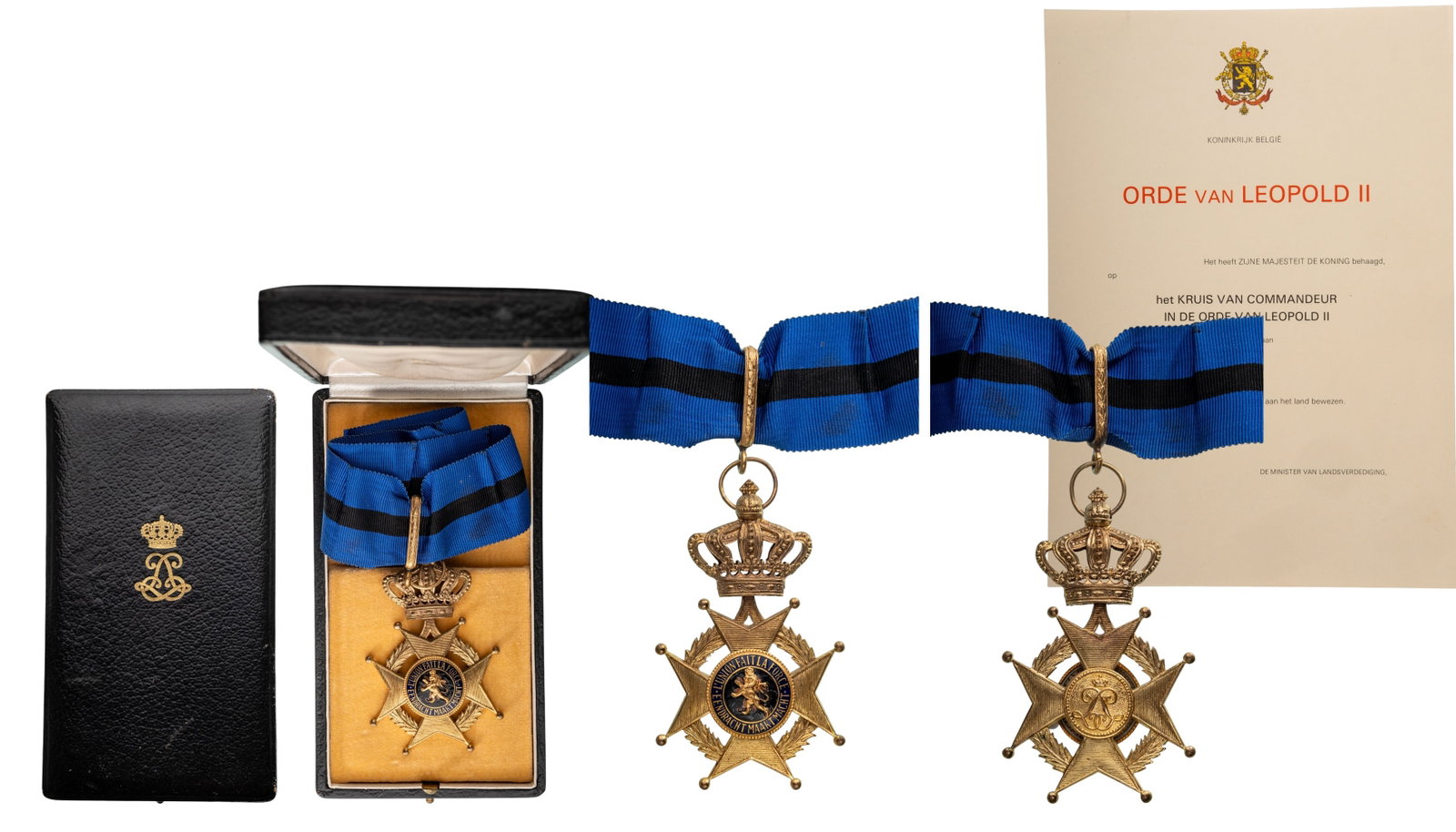 ORDER OF LEOPOLD II: Commander's Cross Civil, Bilingual Legend, 3rd Class, instituted in 1900. Neck Badge, 84x52 mm, gilt Bronze, one side enameled, original suspension crown, ring, ornamented loop and ribbon, in original