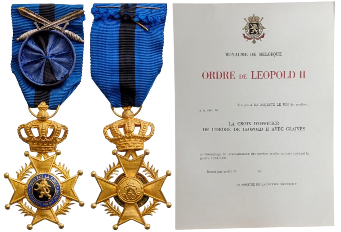 ORDER OF LEOPOLD II: Officer's Cross Military, 4th Class, instituted in 1900. Breast Badge, 64x40 mm, gilt Bronze, one side enameled, original suspension crown, ring and ribbon with crossed silver swords, together with un