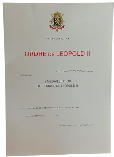 ORDER OF LEOPOLD II: Gold Medal of the Order, instituted in 1832. Awarding Document unnamed. Mint condition! I