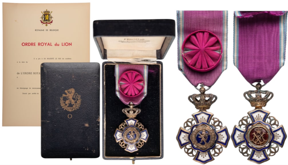 The Royal Order of the Lion: Officer's Cross, 4th Class, instituted in 1891. Breast Badge, 62x41 mm, gilt Silver, enameled (minor chips), original suspension crown, ring and ribbon with rosette, in case of issue by "Fisch, Bruxel