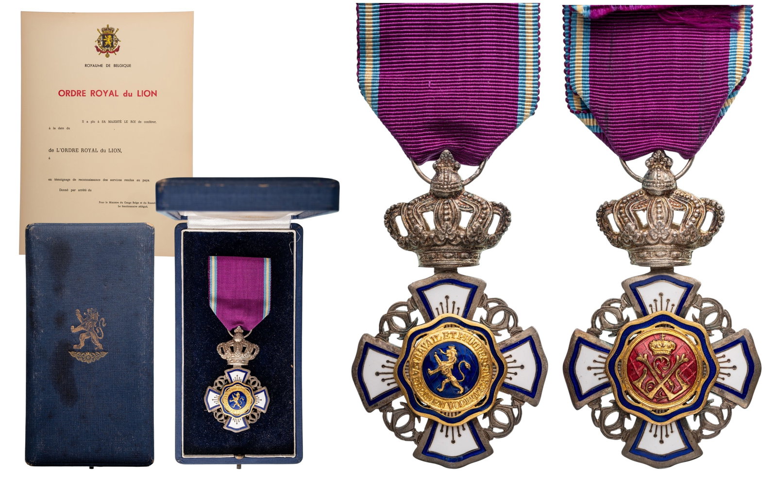 The Royal Order of the Lion: Knight's Cross, 5th Class, instituted in 1891. Breast Badge, 66x40 mm, Silver, enameled, original suspension crown, ring and ribbon, in case of issue by "P. de Greef, Bruxelles", with gilt lion on the