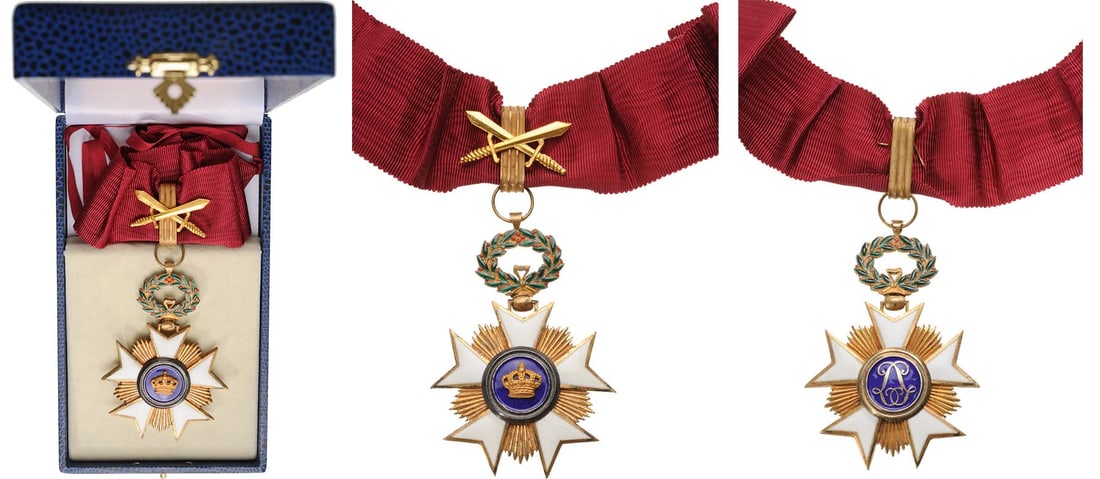 ORDER OF THE CROWN: Commander`s Cross Military, 3rd Class, instituted in 1897. Neck Badge, 80x56 mm, gilt Bronze, both sides enameled, both central medallions gilt, enameled, original suspension loop and neck ribbon with