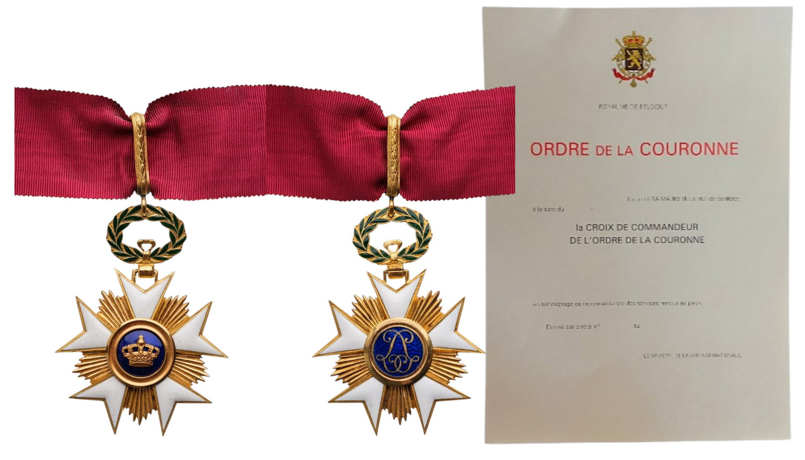 ORDER OF THE CROWN: Commander`s Cross Civil, 3rd Class, instituted in 1897. Neck Badge, 78x58 mm, gilt Bronze, both sides enameled, both central medallions gilt, enameled, original suspension ornamented loop and neck rib