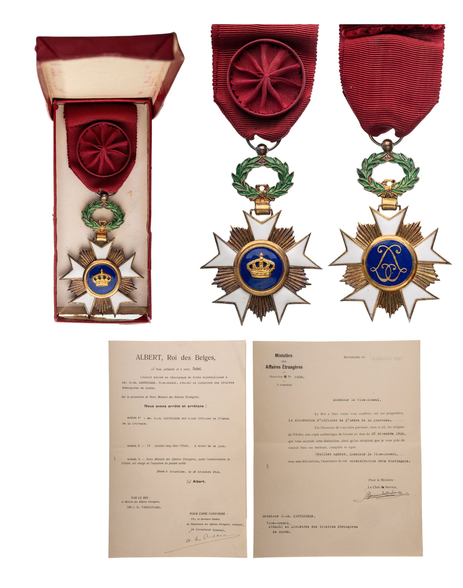 ORDER OF THE CROWN: Officer's Cross, 4th Class, instituted in 1900. Breast Badge, 68x45 mm, gilt Silver, enameled, original suspension wreath, ring and ribbon, in case of issue by "Fibru, Brussels", together with awardin