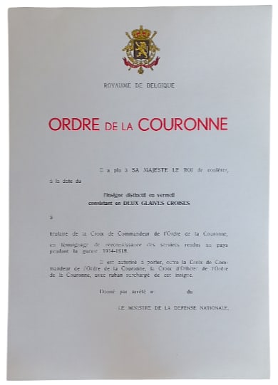 ORDER OF THE CROWN: Badge with Crossed Swords, instituted in 1832. Awarding Document unnamed. Mint condition! I