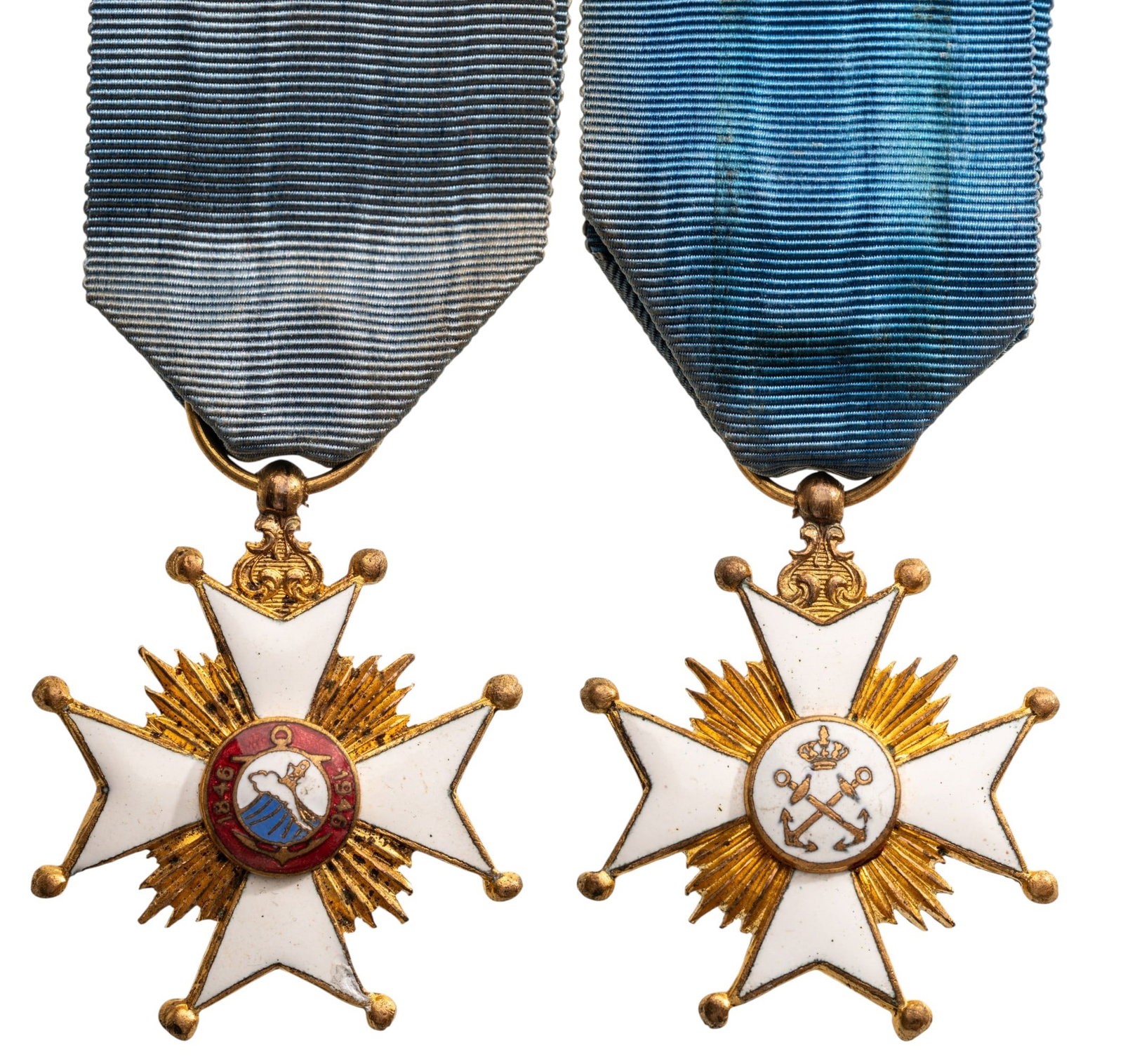 50th Anniversary of the Ostend-Dover Ferry Decoration: Breast Badge, 47x40 mm,, gilt Bronze, both sides enameled, original suspension ring and ribbon. A rare and beautiful badge, in extremely fine condition! I R!