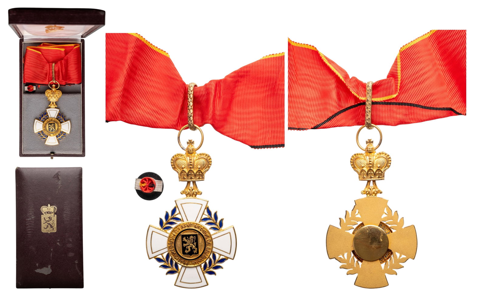 Order of Merit of Brabant: Commander's Cross. Neck Badge, 81x50 mm,, gilt Bronze, one side enameled, original suspension crown, ring, loop and ribbon, in case of issue with gilt weapon in and on the lid, together with lapel hol